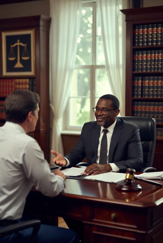 Lithonia child support lawyer discussing Georgia support guidelines with a client in a professional office.